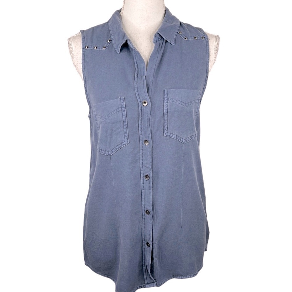 Rock & Republic Dark Chambray‎ Sleeveless High Low Button Down Top Size XS